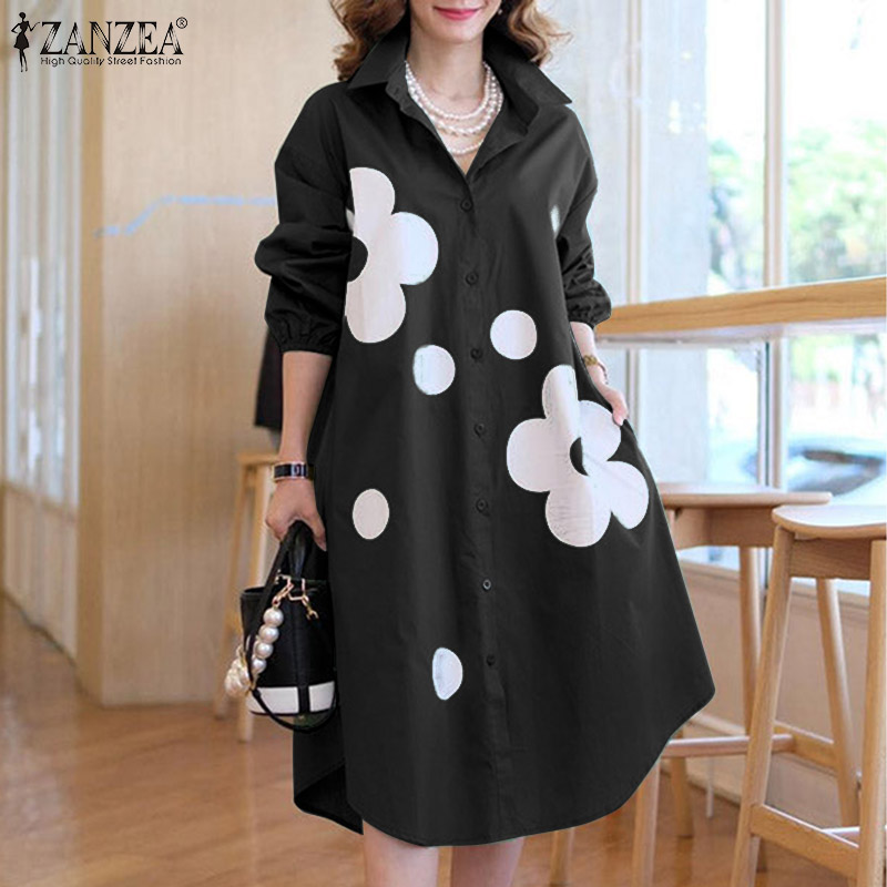 ZANZEA%20Korean%20Style%20Women's%20Dress%20New%20Fashion%20Lantern%20Sleeve%20A-Line%20Shirtdress%20Floral%20Printed%20Midi%20Dresses%20-%20Image%203