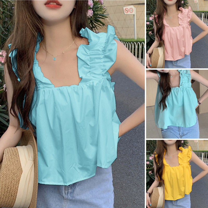 VONDA%20Womens%20Fashion%20Puff%20Design%20Street%20Casual%20Vests%20Square%20Neck%20Ruffled%20Tanks%20Tops%20(Korean%20Floral)%20-%20Image%204