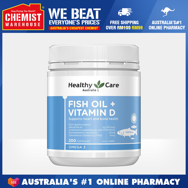 Healthy Care Fish Oil + Vitamin D 200 Capsules Support Heart & Bone