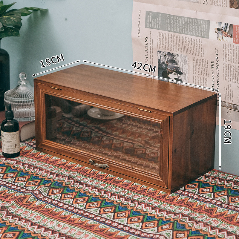 Vintage wooden desktop storage box, drawer style cosmetic cabinet, wooden high and low combination storage box, storage rack