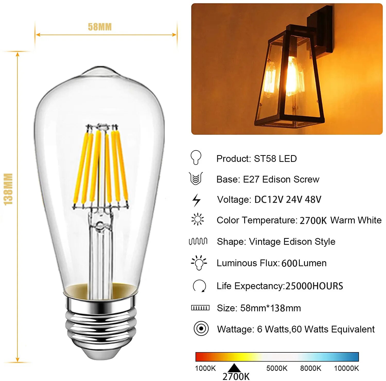Vintage cob e27 led lamp edison lampada led bulb dc 12v 24v a60 st58 filament light 6w retro light ampoule