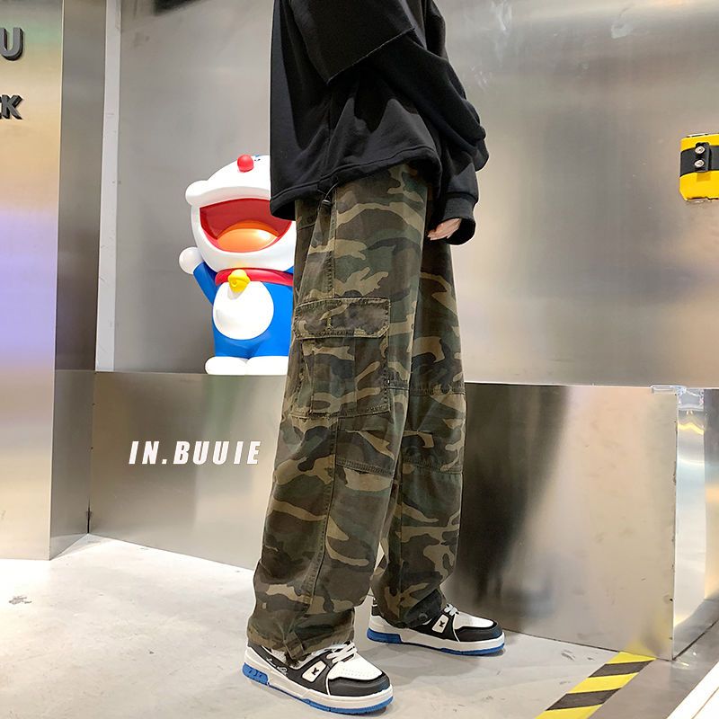 Camouflage Cargo pants for men Korean style street fashion loose vintage  wide leg trousers
