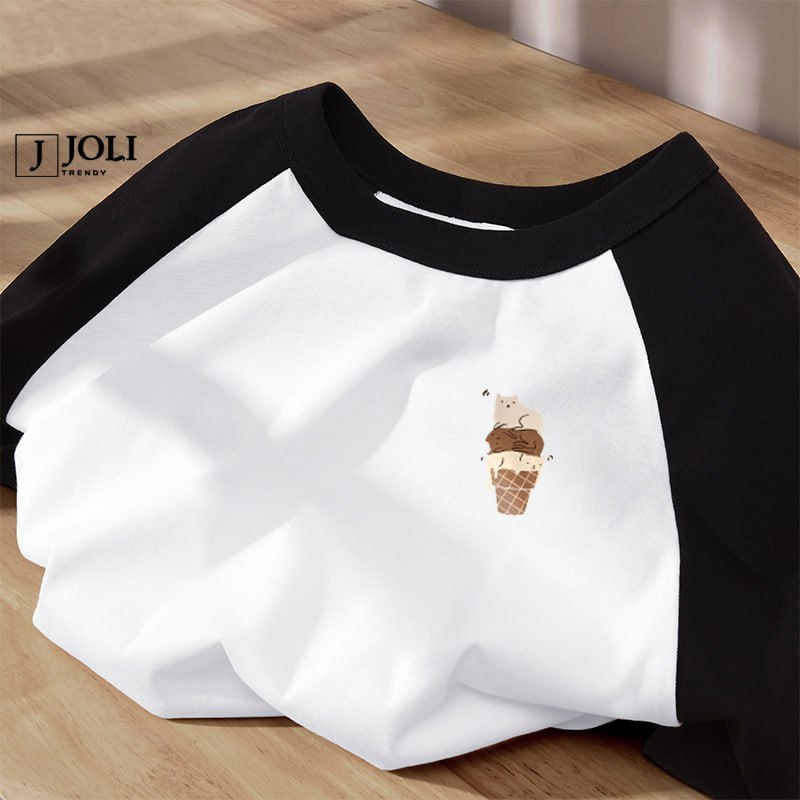 Áo thun nữ, áo raglan tee unisex by joli mã cat cream chất cotton form rộng cho nam nữ