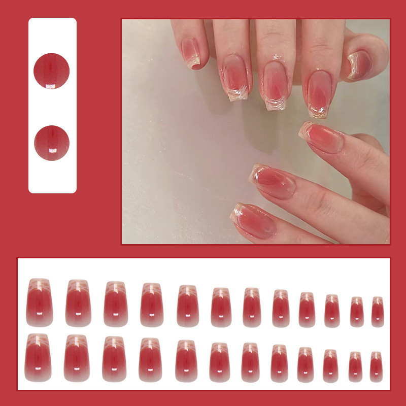 24Pcs Edge White Braided French Girl Pink Fake Nails with Glue DIY Art Design False Nails Wearable Artificial Nails