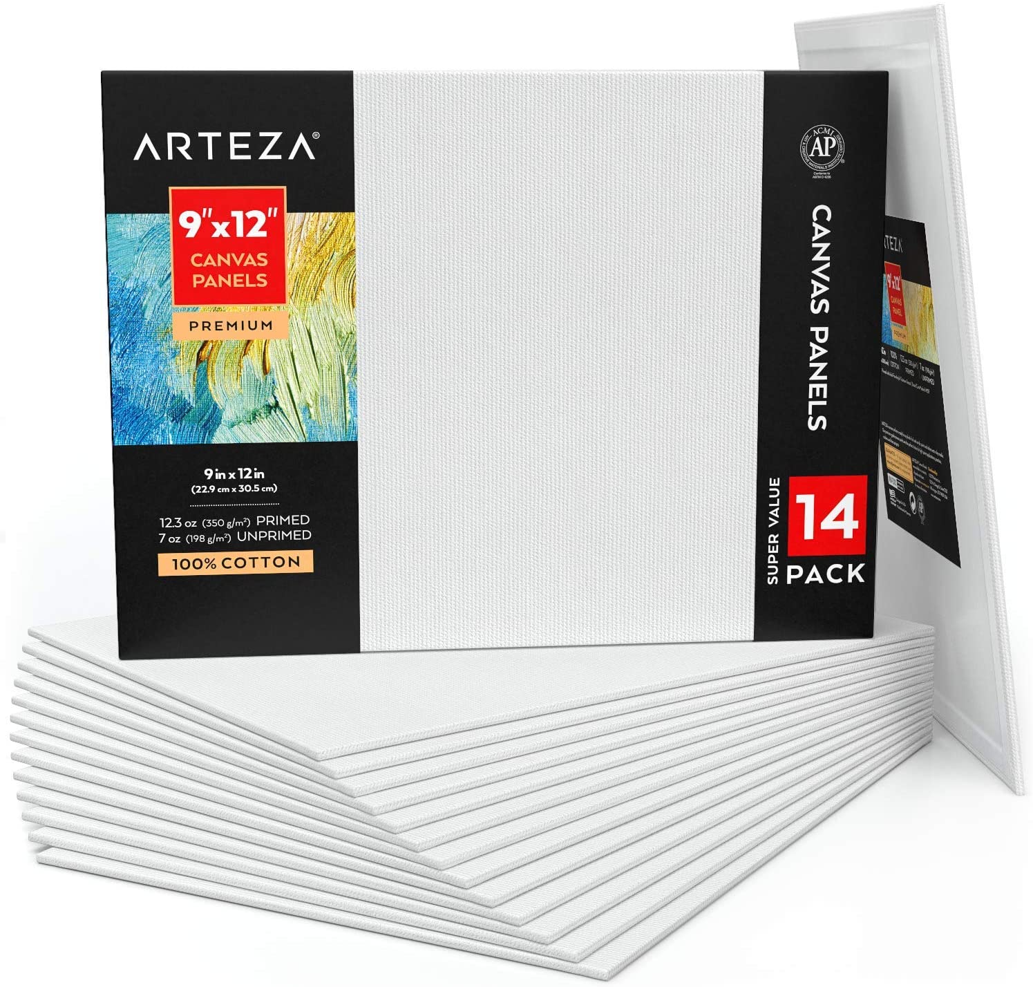 Arteza 5x7 Stretched White Blank Canvas, Bulk Pack of 12, Primed 100% Cotton