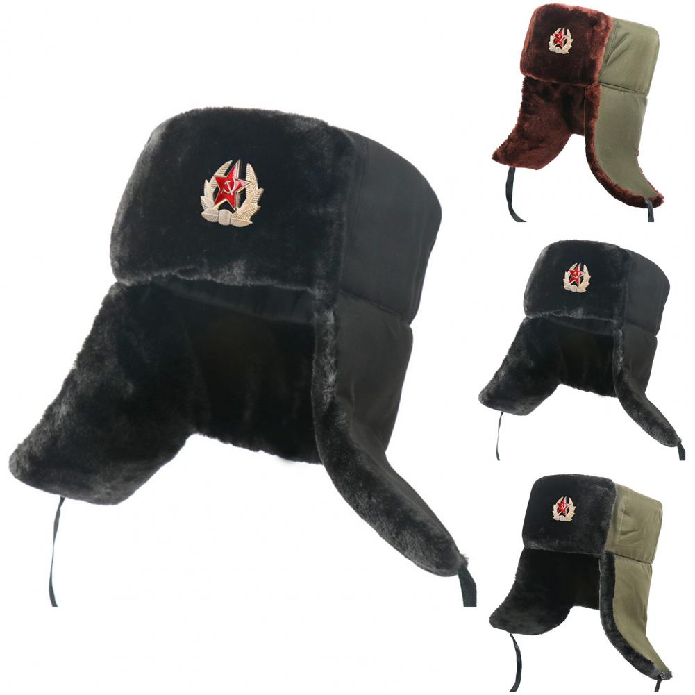 Russian Hat Men's Badge Russia Ushanka Hat Waterproof Bomber Hats Pilot  Trapper Soldier Hat Winter Ear Flap Men Snow Caps