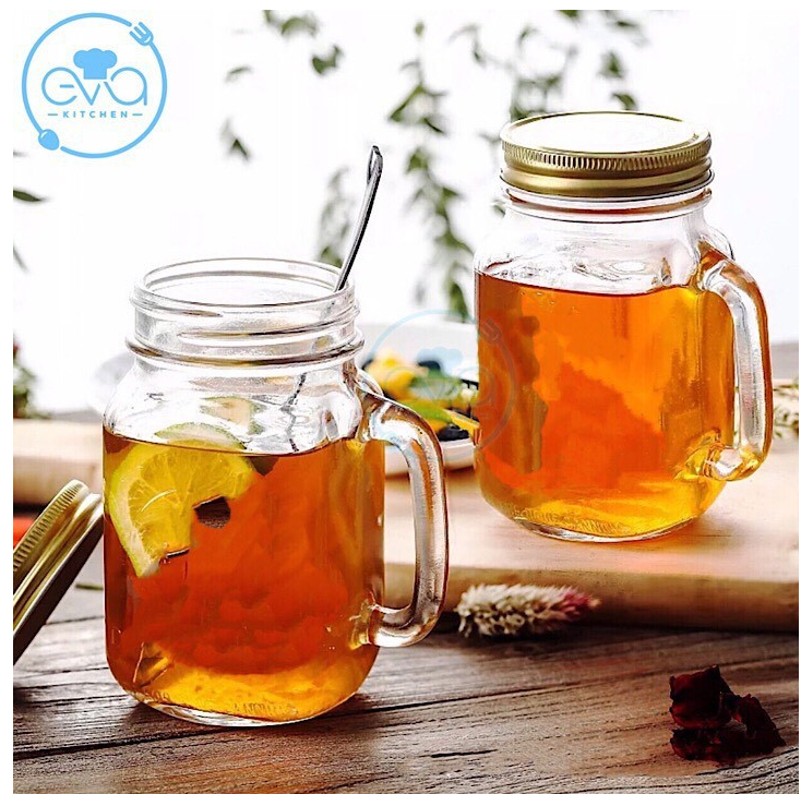 Bộ 10 Ly Quai Thuỷ Tinh Trơn Đựng Trà Sữa 450 ML/  Ly Quai trà sữa Thuỷ Tinh , Ly đựng nước ép có qua/Nắp có thiết kế mới có lỗ để ống hút ở giữa