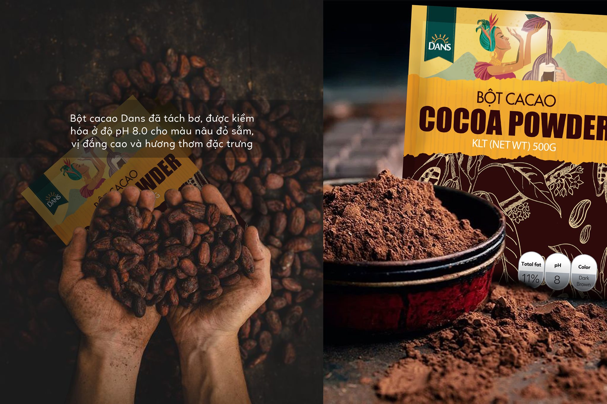 Bột cacao nguyên chất Dans gói 500g