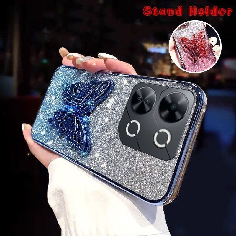 New Phone case itel P55 P70 P65 Back cover with Cute Butterfly Stand Luxury Slim Gradient Clear Plating Glitter Girls for itel P70 P55 P65 case. 