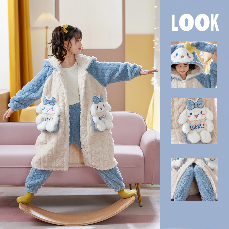 YA ZHOU LONG children's long sleeve pajamas set Girls Cute Cartoon Autumn and Winter Plush Thick Flannel Pajamas Set