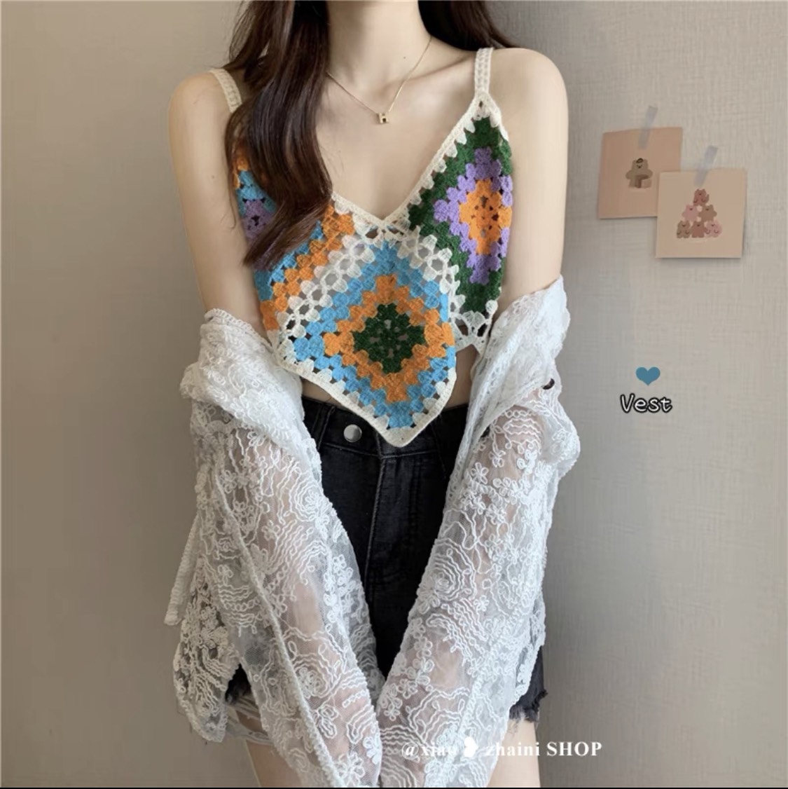 Áo croptop dệt kim 2 dây cổ V phong cách boho nhiều màu rực rỡ
