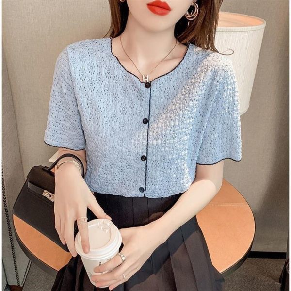 Áo sơ mi ren cổ tròn tay ngắn ao ren hoa Quảng Châu