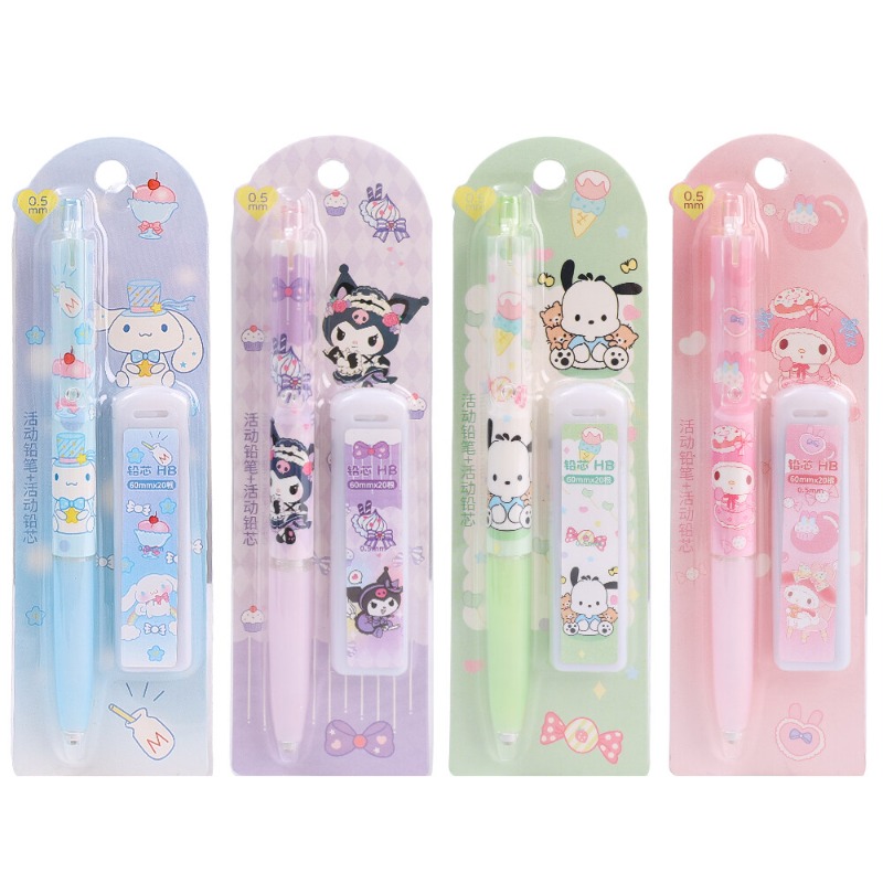 0.5mm Cartoon Sanrio Mechanical Pencils Set with Replace Pencil Lead Melody Kuromi Cinnamoroll Pochacco Automatic Pencil Student Writing Stationery