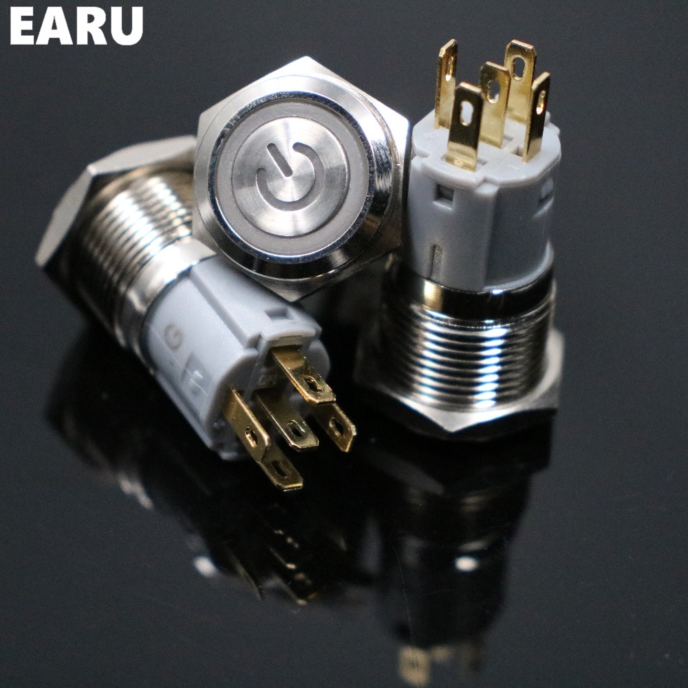 【TrendGlobe】16mm Metal Stainless Steel Momentary LED Horn Push Button Switch 5V 12V 24V 110V 220V Waterproof Car Auto Engine PC Power Start. 