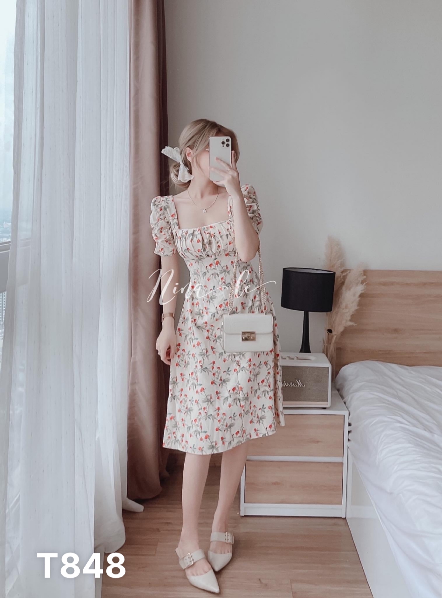 [Freeship]Đầm Lụa hoa Suông Dài Xếp Li ngực có mút Mia Storie