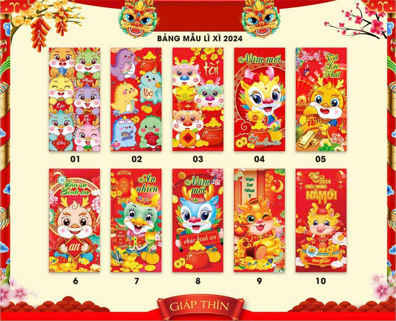Combo 50 cái bao lì xì năm thìn, bao lì xì năm mới 20224, bao lì xì tết việt
