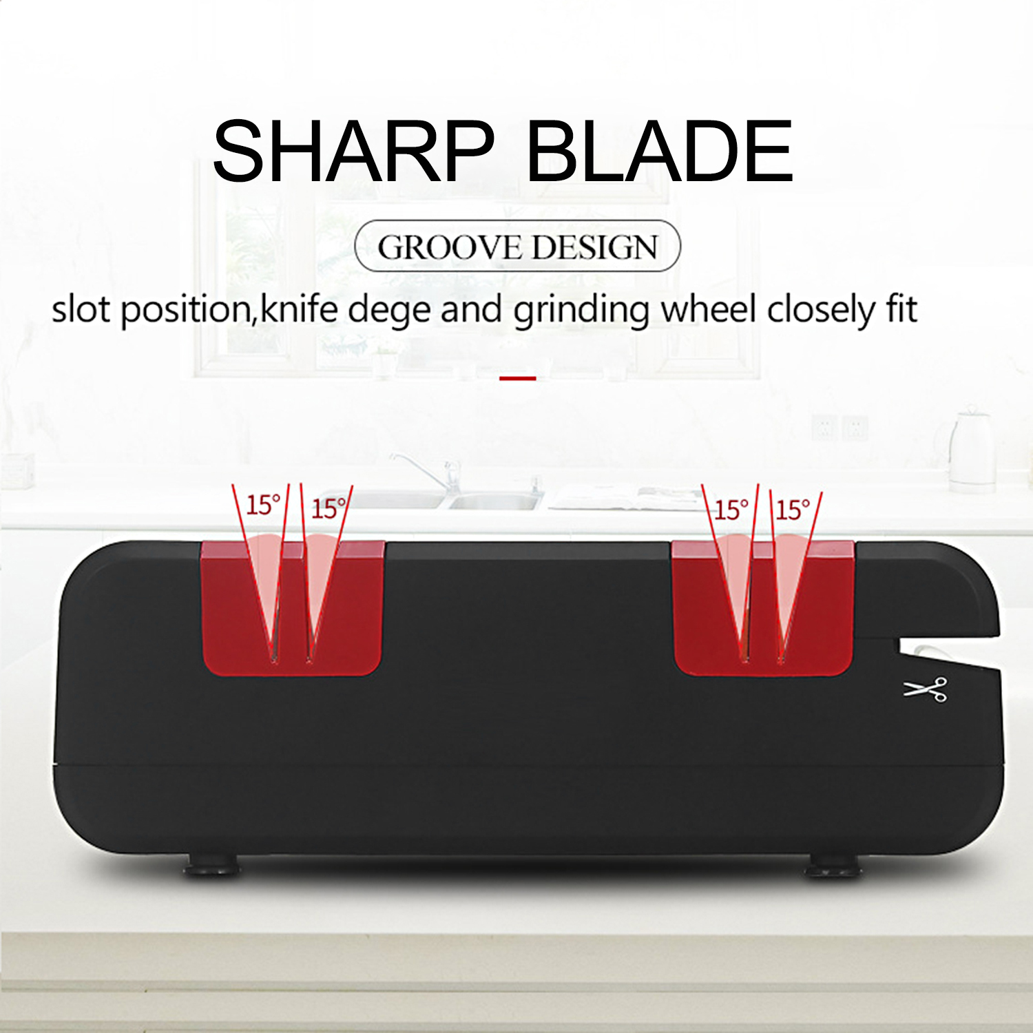 Professional Electric Knife Sharpener Multifunctional Automatic Cut Sharpeners with 15-Degree Bevel Crude and Fine Grooves for Straight Serrated Knives Scissors Kitchen Cutter Grinder With 3 Replaceable Sanding Wheel and Clean Brush