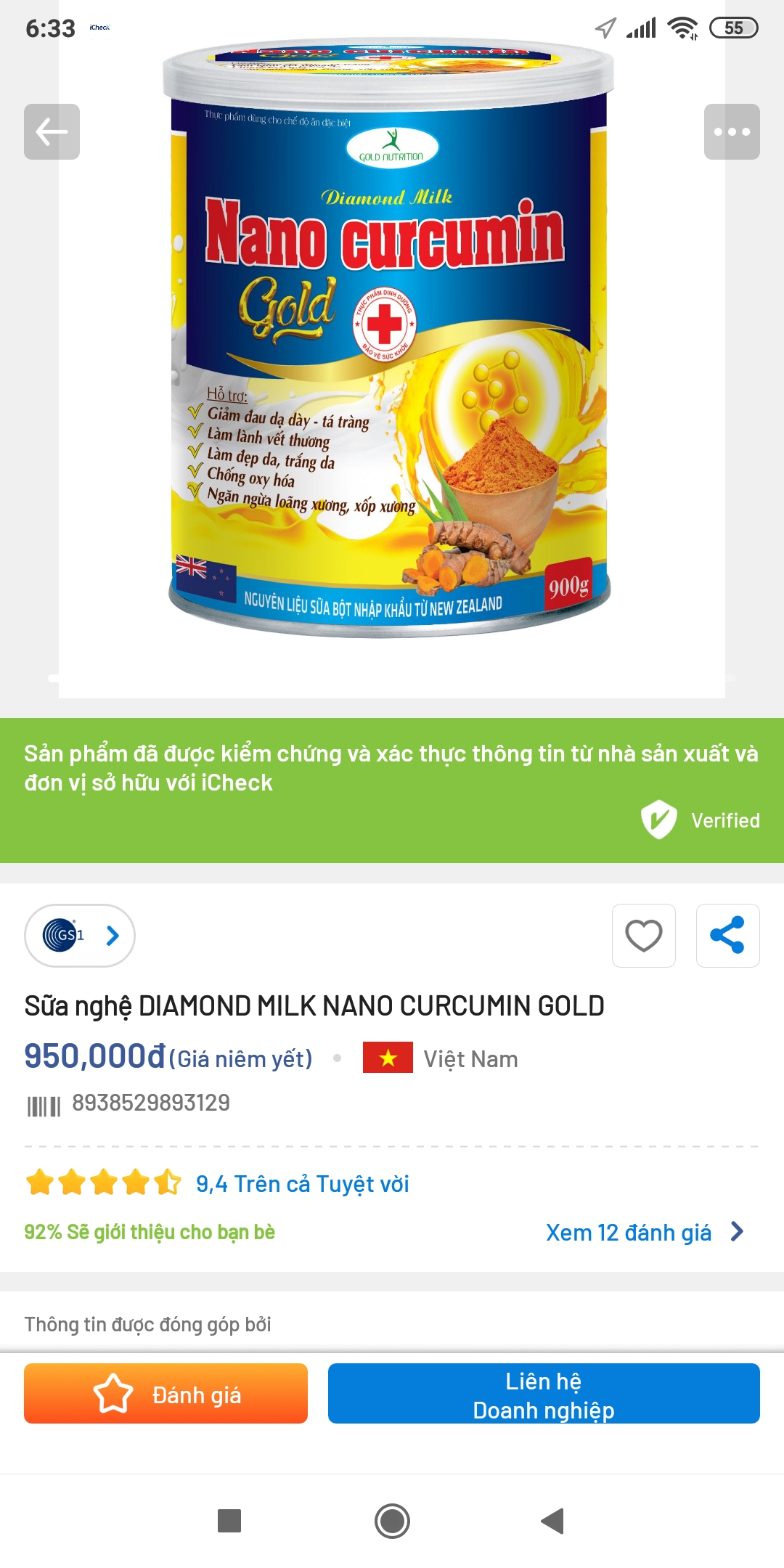 (Combo 2hộp 900g) Sữa nghệ Nano Curcumin Gold.Date 2027