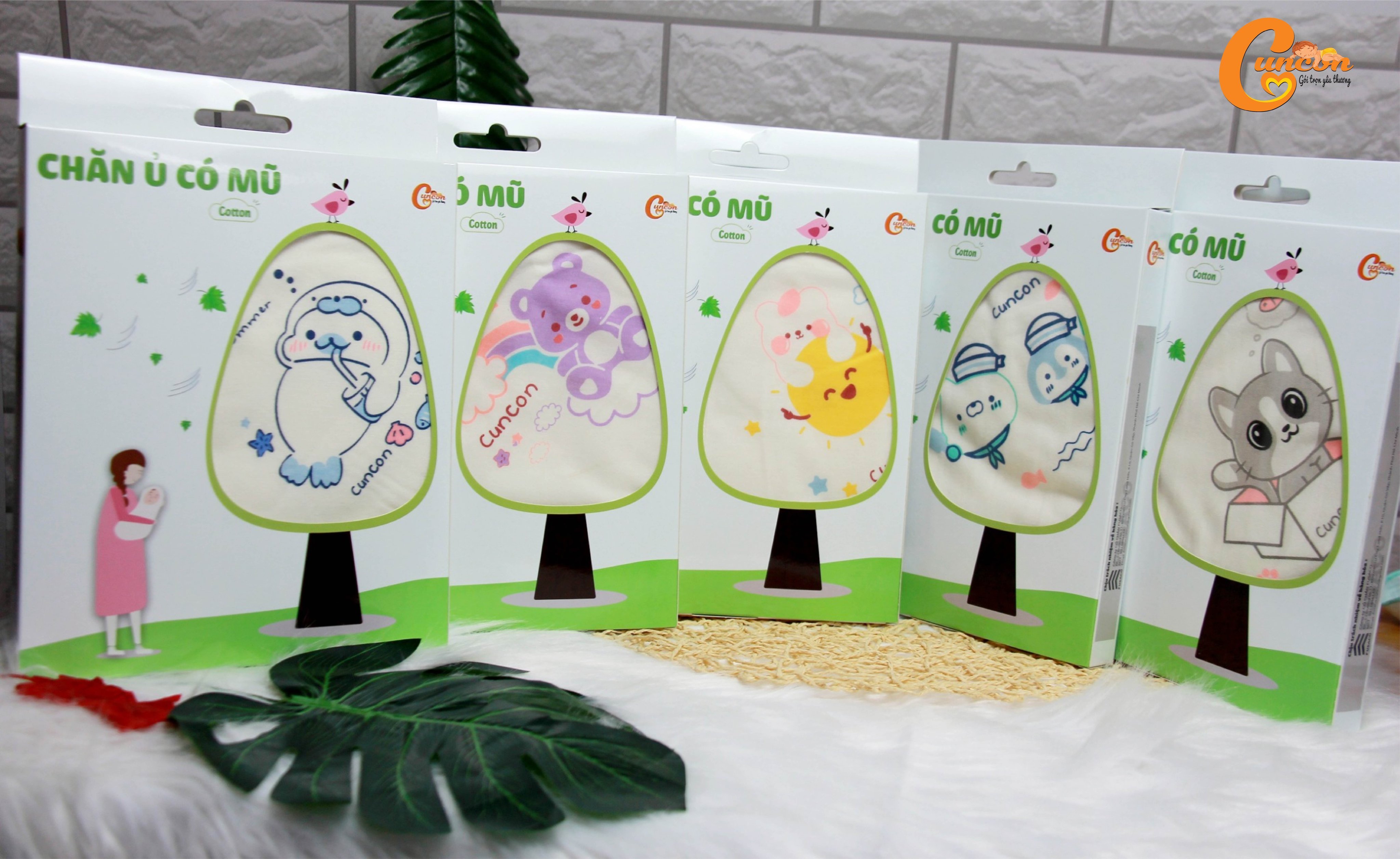 (KT 75x78cm) KHĂN Ủ CHOÀNG SƠ SINH CÓ NÓN CHO BÉ - HIỆU CÚN CON
