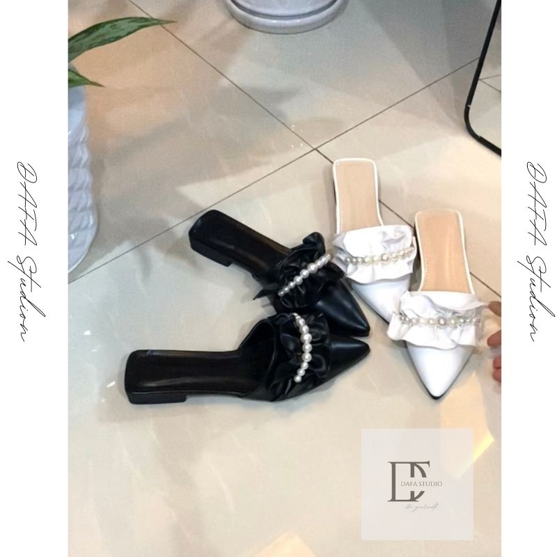 Sandal mũi nhọn bèo đen trắng 1cm