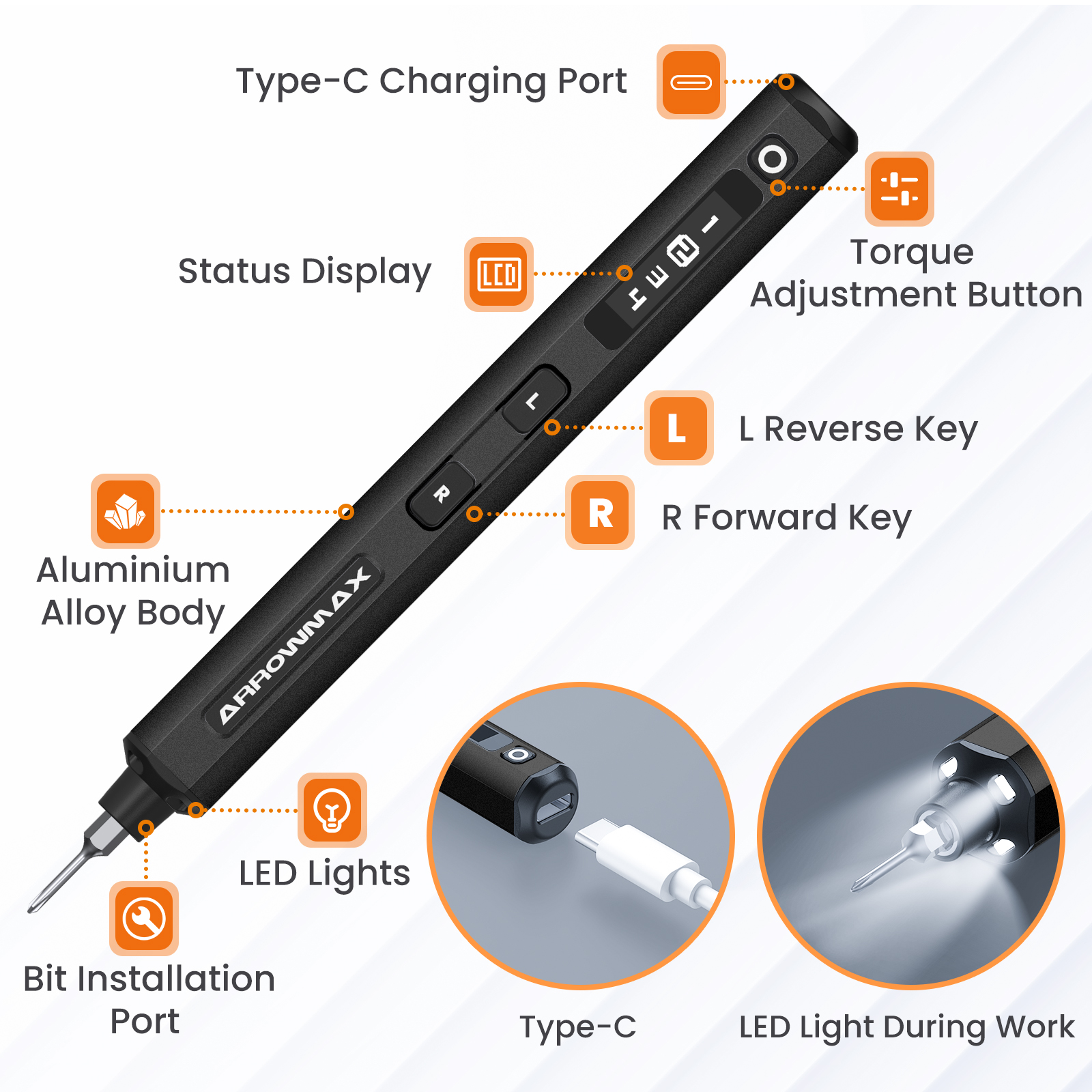 ARROWMAX Precision Electric Screwdriver Set with 34 Magnetic Bits 4 Gears Torque Rechargeable Cordless Screwdriver (SES).