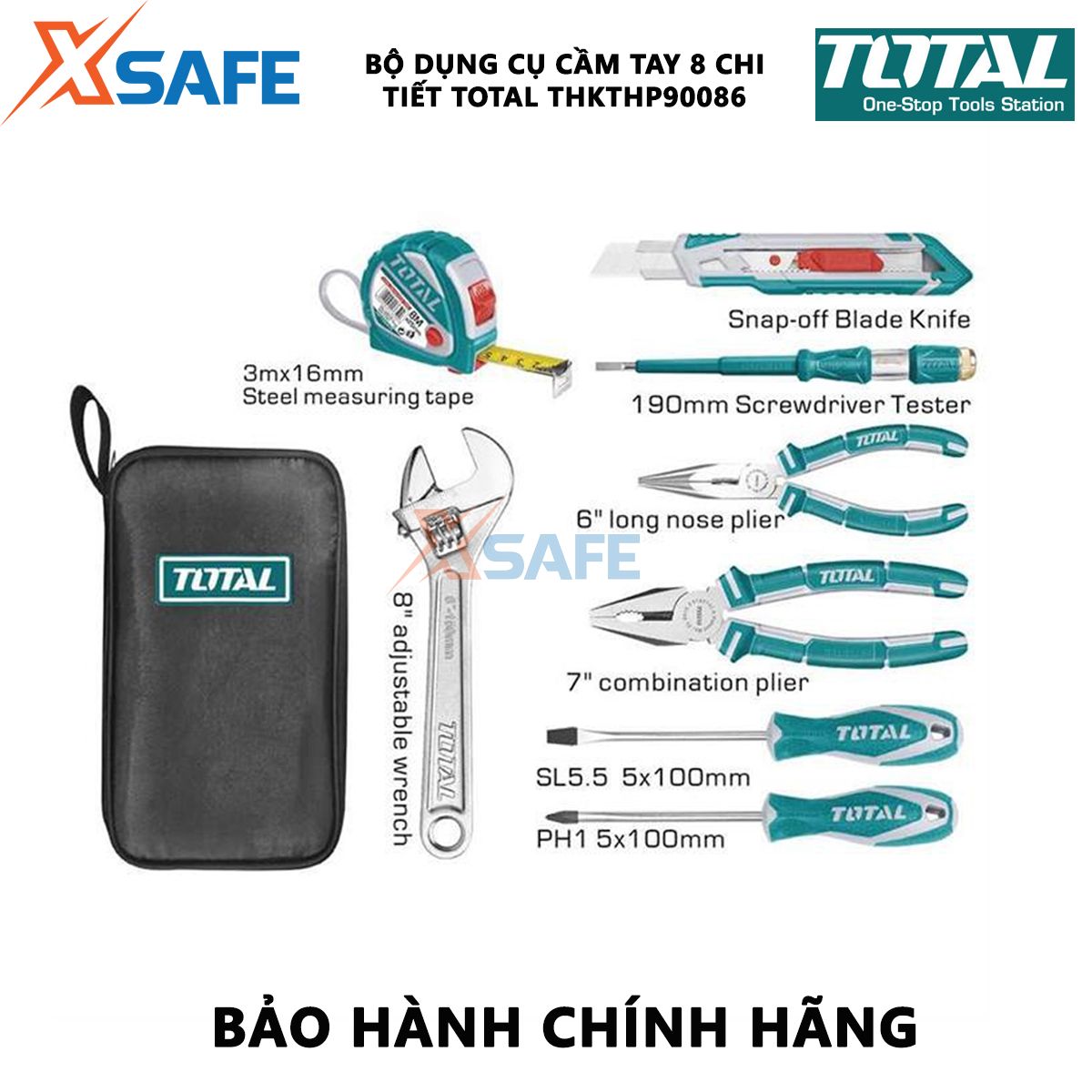 Bộ đồ nghề cầm tay 8 chi tiết TOTAL THKTHP90086 | bộ 8 dụng cụ cầm tay gồm thước cuộn, tua vít, mỏ lết