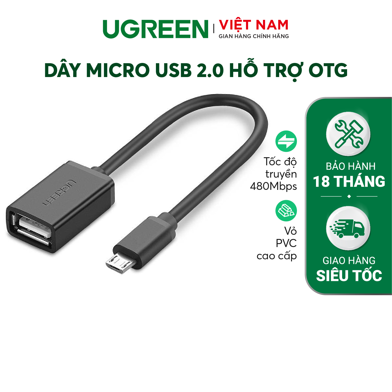 Dây Micro USB 2.0 OTG UGREEN US133 | Vỏ PVC cao cấp | Tốc độ truyền tải dữ liệu 480Mbps | Bảo hành 18 tháng