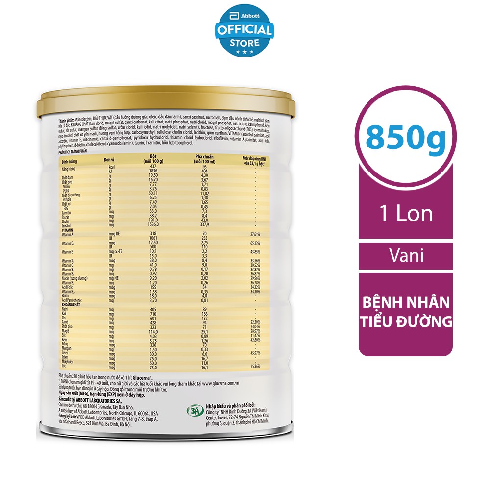 Sữa bột dành cho người bị tiểu đường Glucerna 800g