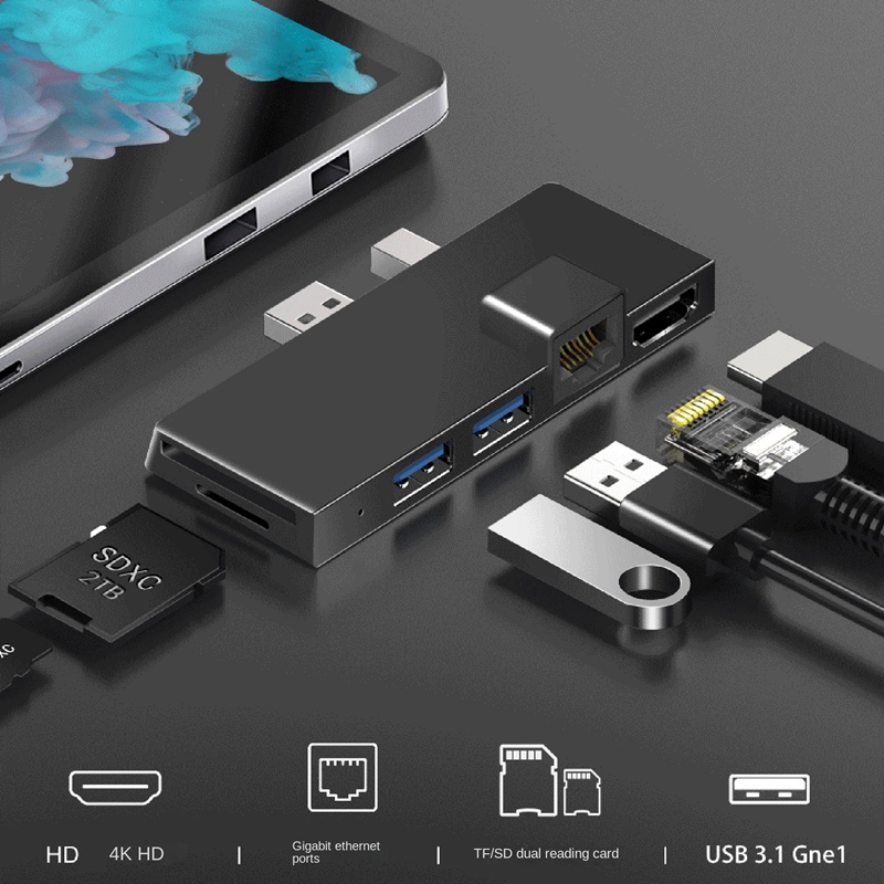For Surface Pro 4 5 6 Docking Station Hub with 4K -Compatible TF Card Reader Gigabit Ethernet 2 USB 3.1 Gen 1 Port