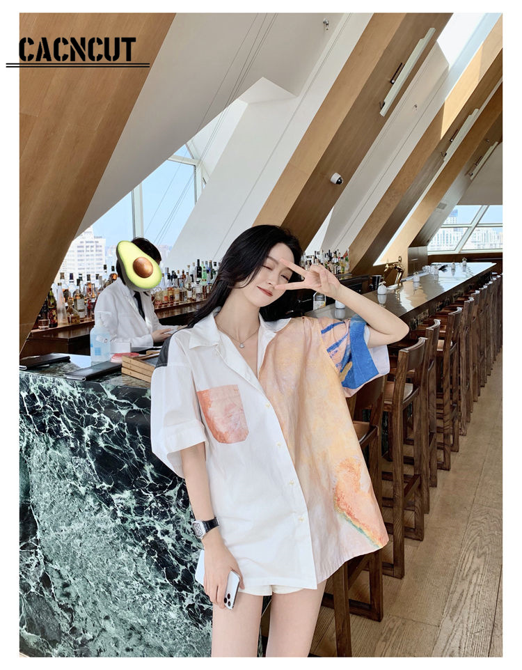 CACNCUT Korean Style Shirt for Women Short Sleeve Printed Shirt Retro Style Chic Loose Unisex Jacket Shirt