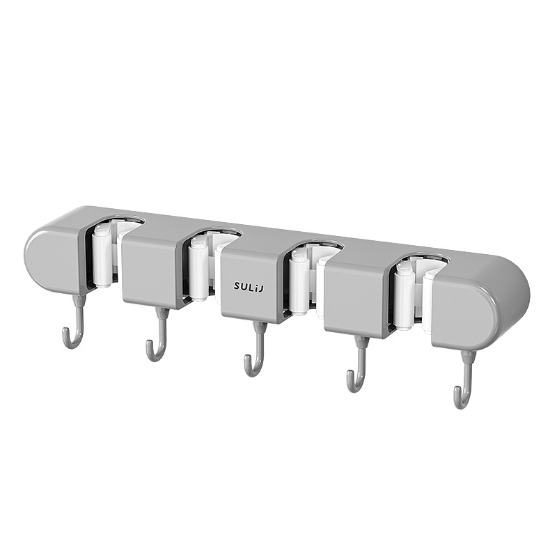 Mop Holder Wall Mounted Mop Organizer Holder Rackbrush Broom Hanger Hook Adhesive Multi-purpose Hooks Hanger Without Punching (4 Racks with 5 Hooks)(Grey, White)
