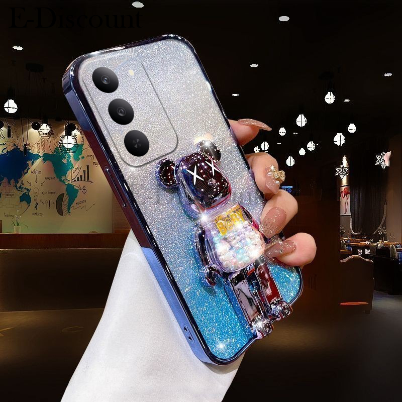 New Phone case Realme C71 C75 C75X Back cover with Cartoon 3D Bear Stand Luxury Slim Gradient Plating Glitter Girls Stylish For Realme C75 C75X C71 case.