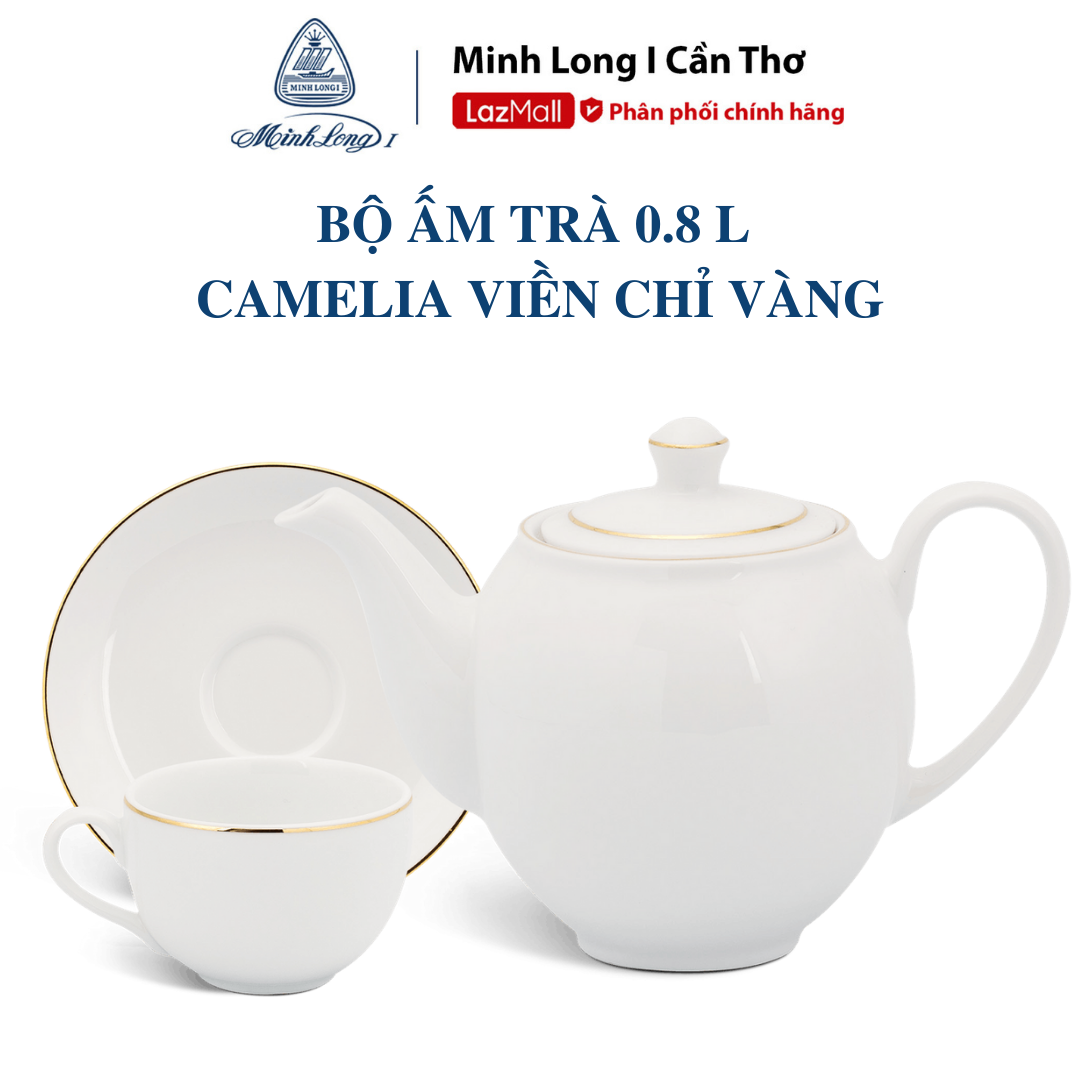 Bộ trà Minh Long 0.8 L Camellia Viền Chỉ Vàng - Gốm sứ ca cấp Minh Long I
