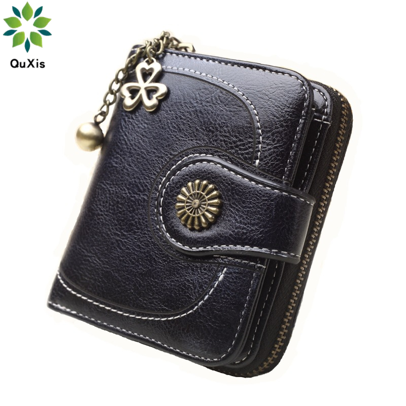 QuXis 2022 PU Leather Women Short Wallet Female Small vintage oil wax leather Wallet Fashion Lady Money Wallet Zip Coin Purse Card Holder