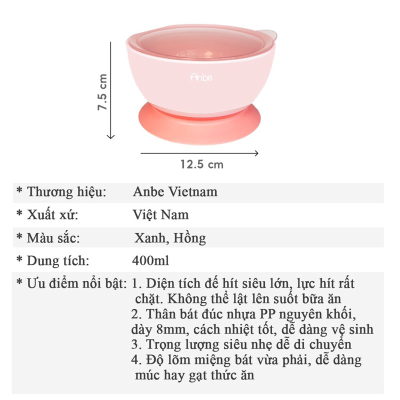 Bát Chén Ăn Dặm Đế Hít Silicon Chống Đổ Cho Bé Có Nắp 400ml