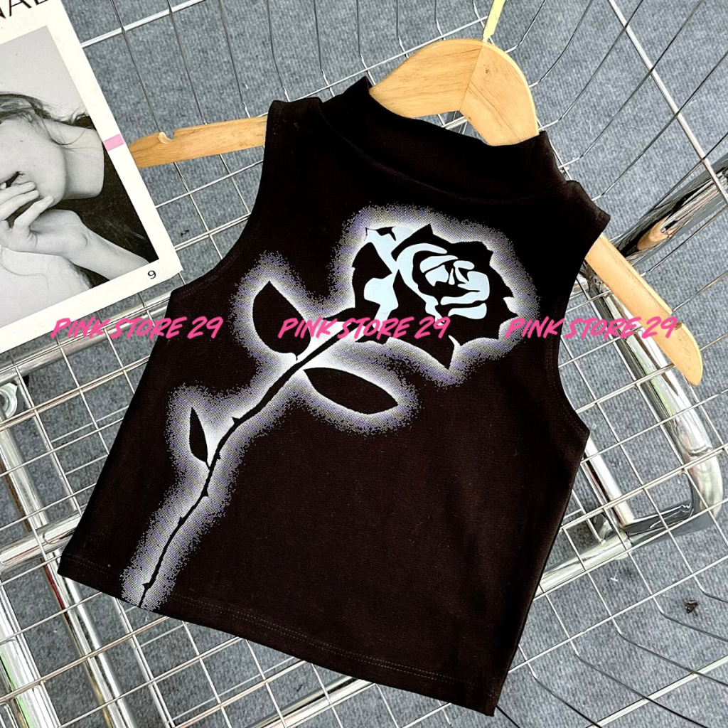 Áo croptop sát nách pinkstore29 dáng ôm body, cổ lọ, in hoa hồng cực chất a5580 bd store