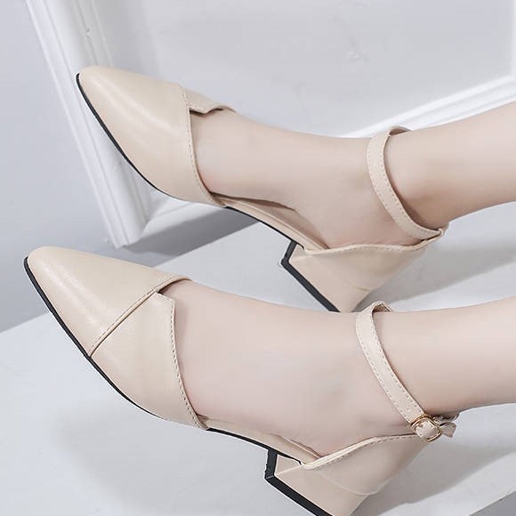 Vshoes giày cao gót đế vuông bít mũi phối dây 5 phân mã