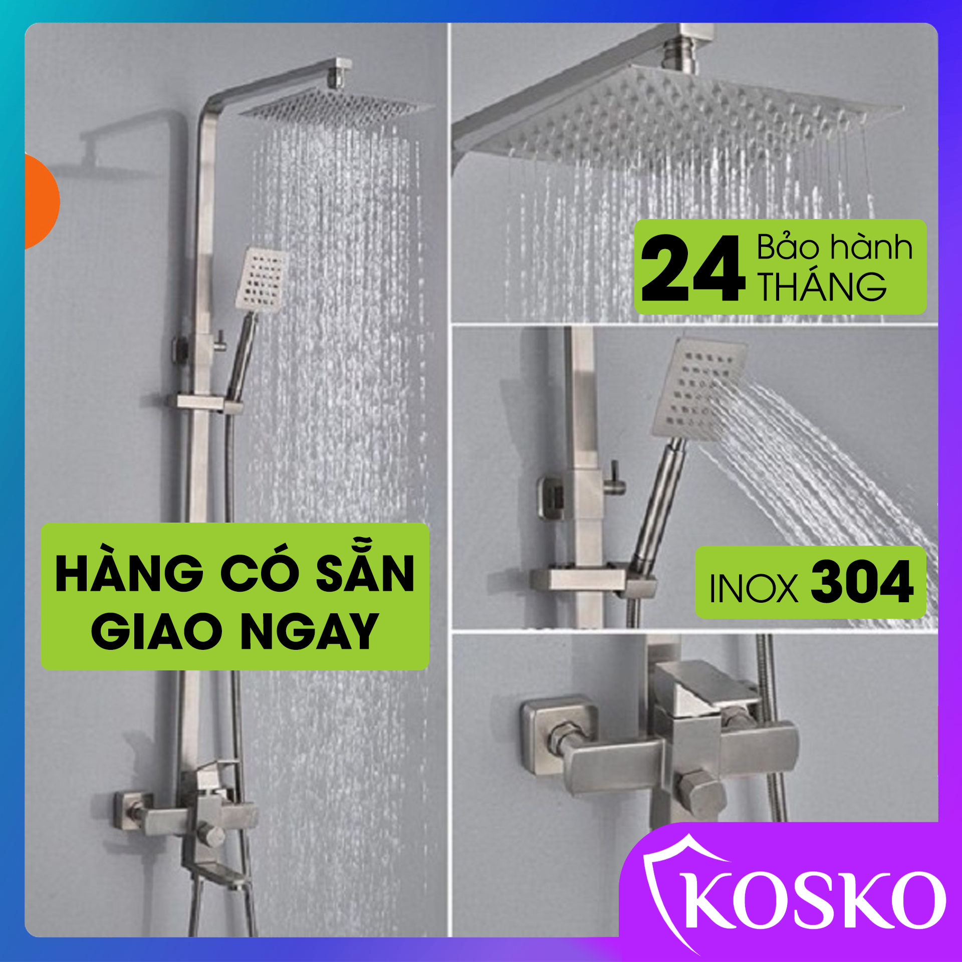 Bộ sen cây tắm đứng nóng lạnh Inox SUS 304 Kosko (Bảo hành 2 năm - 1 đổi 1 trong vòng 7 ngày), Bộ vòi sen tắm nóng lạnh cao cấp dễ dàng lắp đặt