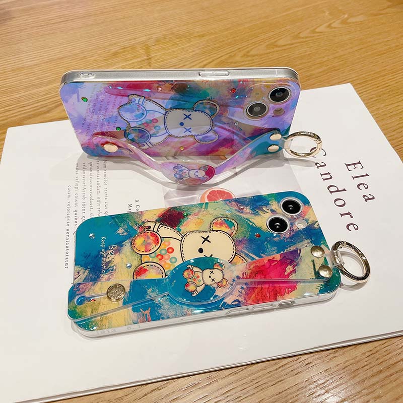Phim hoạt hình Bling Vòng đeo cổ tay Gấu bạo lực Vỏ điện thoại cho Iphone14Promax 14Plus 13 13promax 12 Pro Max 11 7 8Plus XR XS MAX Vòng đeo tay Phụ kiện Bao mềm Coque