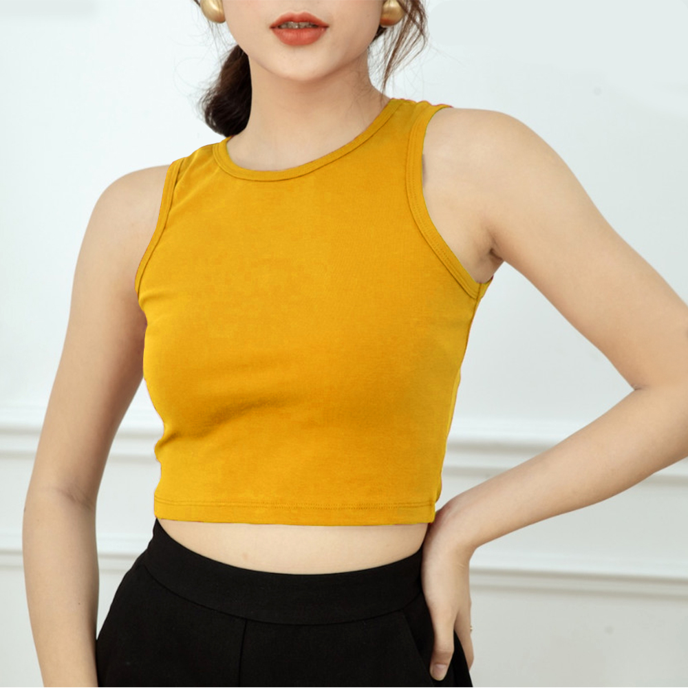 Áo Thun 3 Lỗ Croptop Màu Vàng Sát Nách Cổ Tròn Thun Gân Dày Từ 38kg đến 55kg
