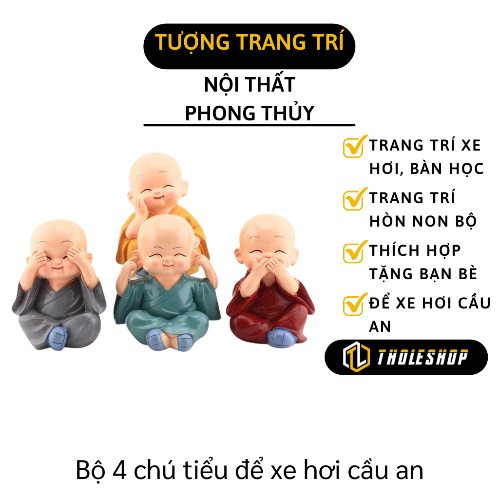 Tượng may mắn - Combo 4 chú tiểu để xe hơi ngộ nghĩnh, thích hợp để xe hơi hoặc trang trí nhà cửa, bàn làm việc hay phòng khách