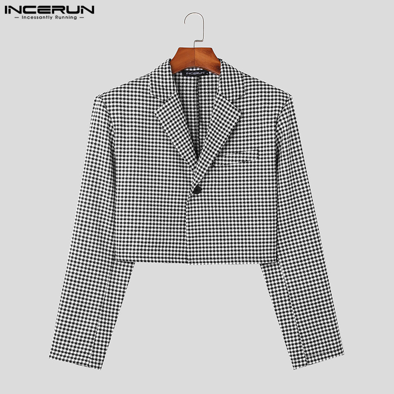 Medussa INCERUN Men's Casual Checked Cropped Long Sleeve Blazer Coat Lapel Button Up Suit