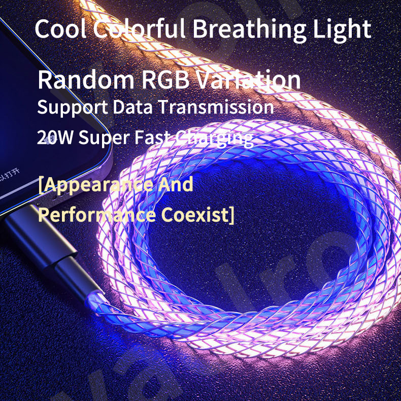 DISOUR NEW 20W Fast Charging Cable RGB Type-C Micro Lightning Flow Luminous Data Cable USB C Micro-USB Ios Fast Charging for i Phone Xiaomi Samsung Huawei Oppo Vivo