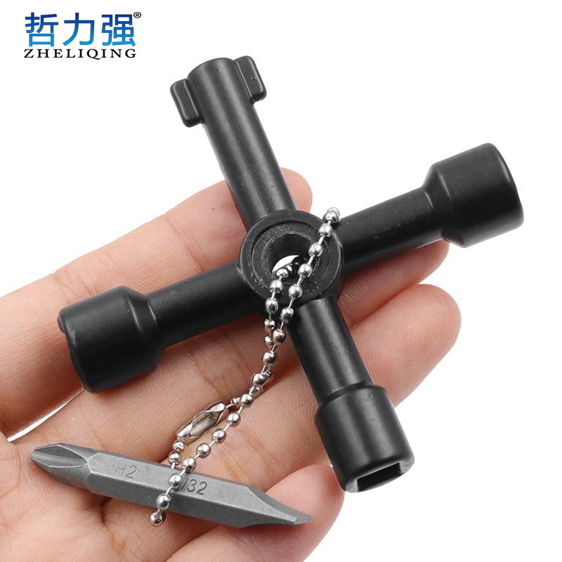 Portable electric control cabinet elevator water meter valve wrench four-in-one black cross key wrench with batch head