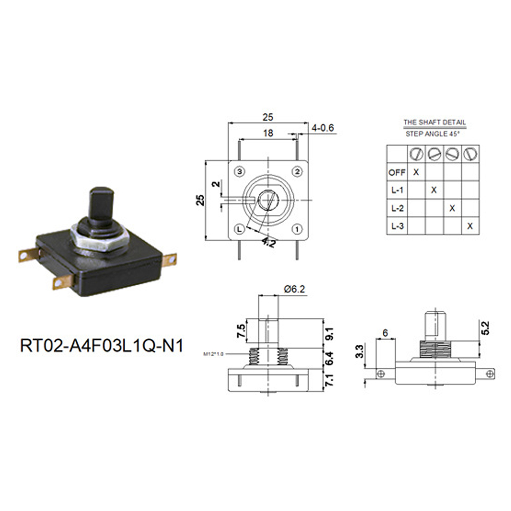 4-position Square Rotary Switch 250V 3A Multi-band Coded Knob Switch for Cooker Television Fan Speed Control Rotary Switch