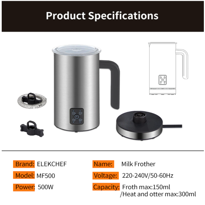 Máy tạo bọt sữa chuyên nghiệp 4 trong 1 Elekchef EMF500 Công suất 500W - BẢO HÀNH CHÍNH HÃNG 12 THÁNG