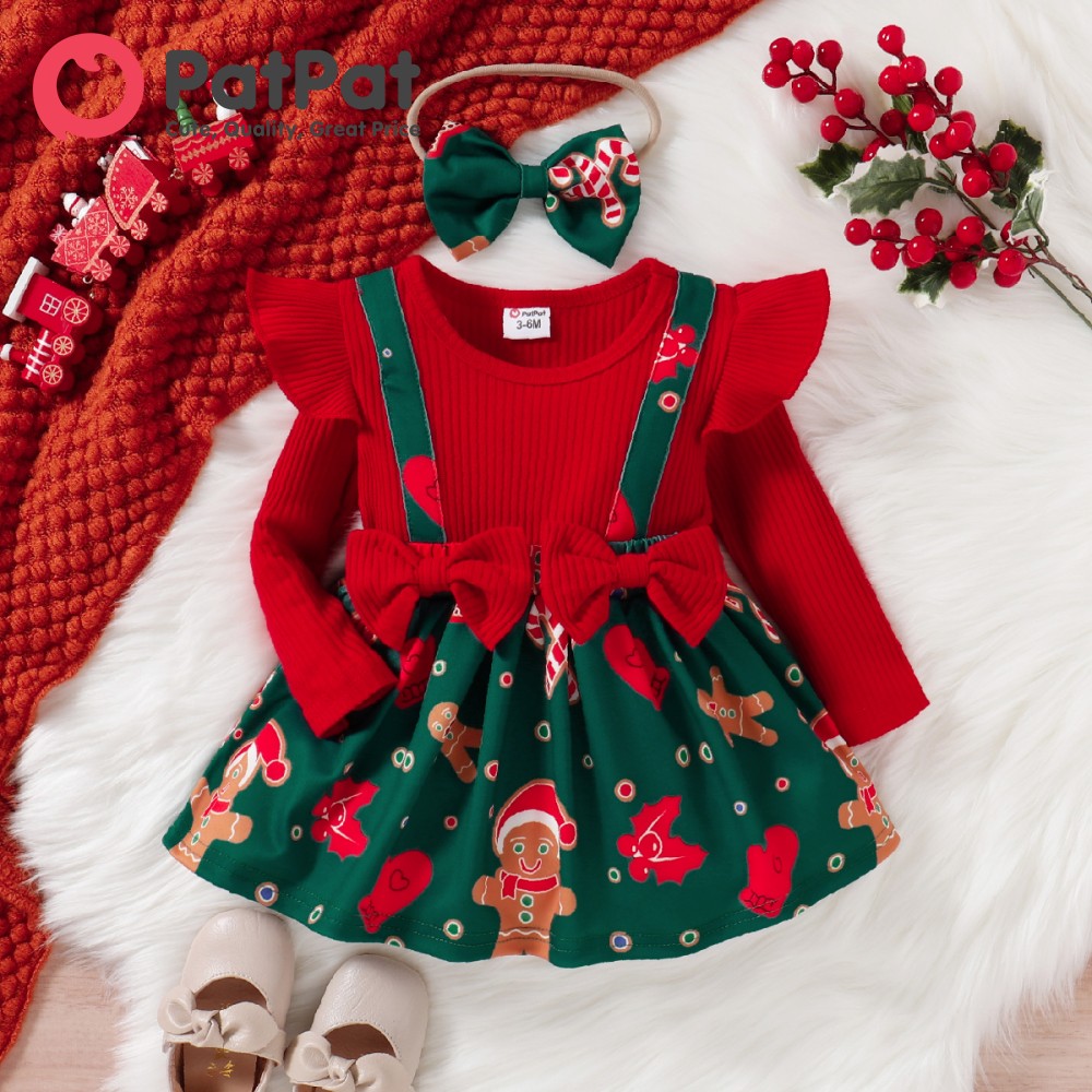 PatPat Baby Girl New Year Christmas Sweet Fabric Stitching Dress Christmas Outfit For Baby Girl