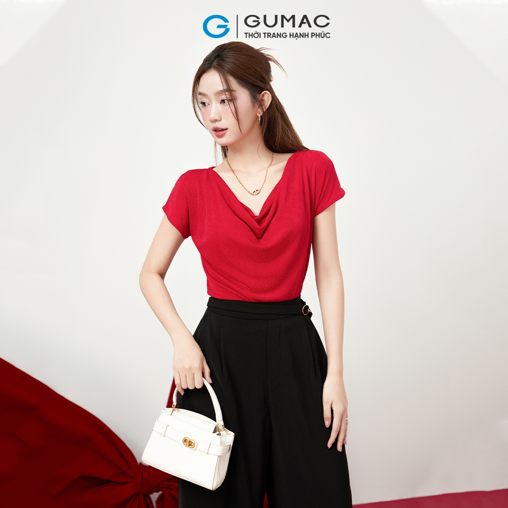 [MUA 2 CHỈ 199K/Áo] Áo Thun Cổ Đổ GUMAC Áo Thun Kiểu Sang Trọng Áo Đi Tiệc Vải Thun Ánh Nhung Co Giãn Tôn Dáng ATE01031