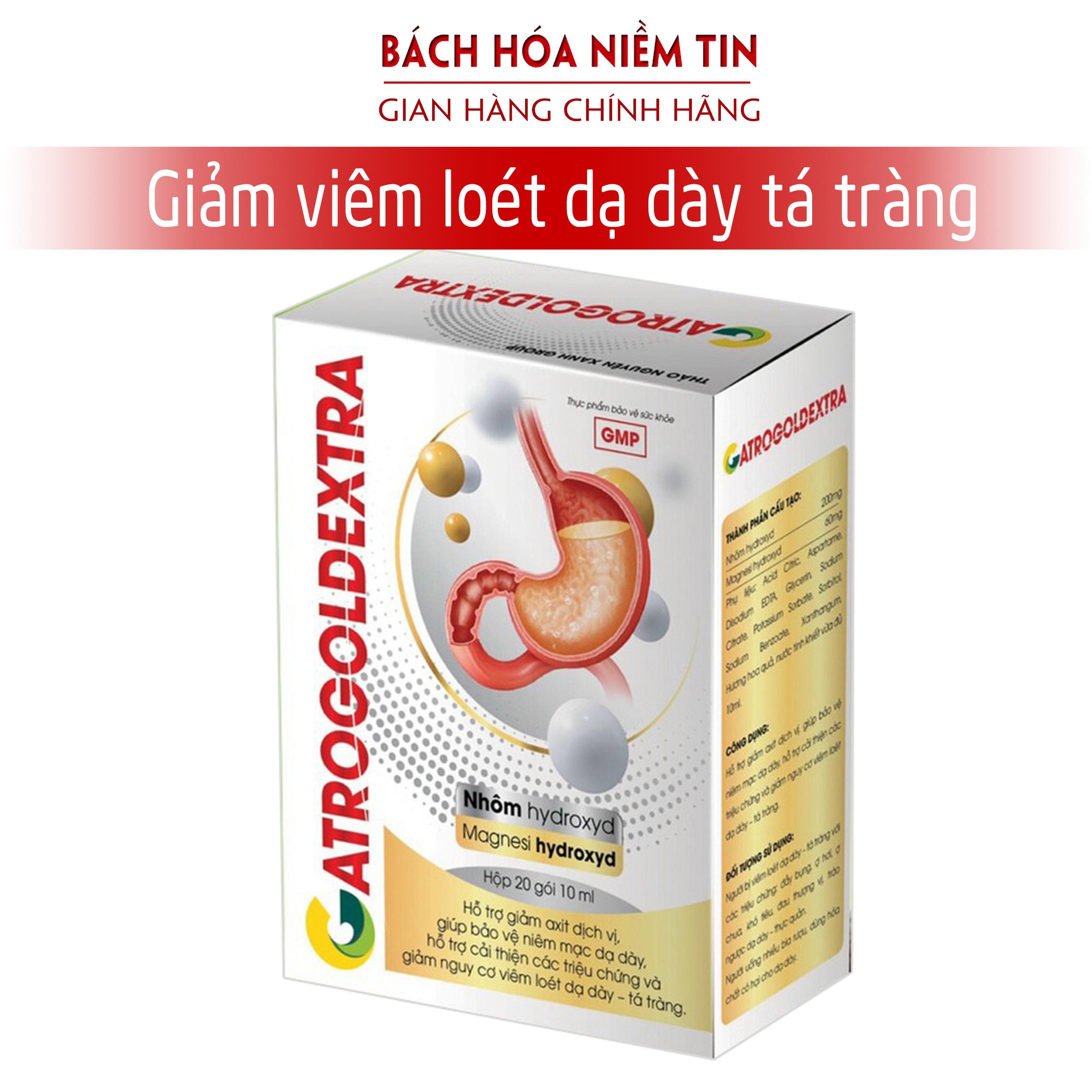 Gel dạ dày GATROGOLD EXTRA - bảo vệ niêm mạc dạ dày, giảm viêm loét dạ dày tá tràng, trào ngược hiệu quả - Hộp 20 gói chuẩn GMP