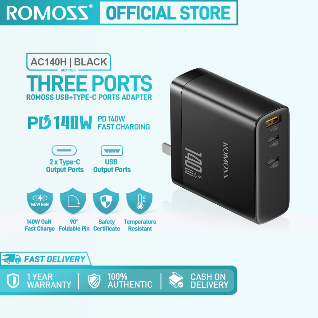 ROMOSS AC140H Three Port Adapter 140W Fast Charge Dual Type-C And USB